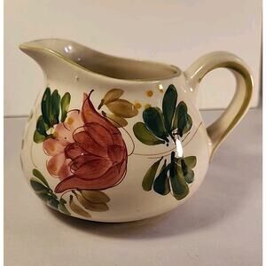 Secla Portugal Pottery Squat Pitcher Hand Painted Floral Vtg Cream Red Green